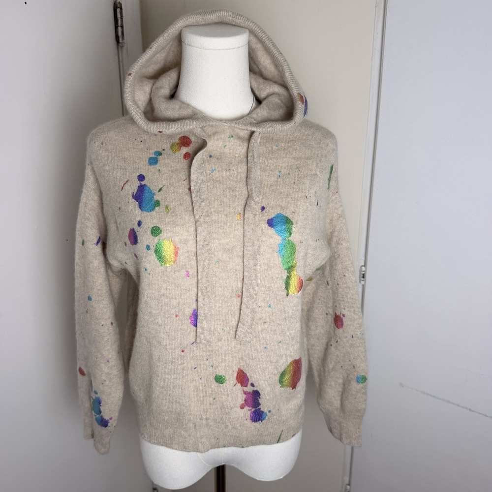 Brodie Cashmere 100% Cashmere Splatter Hoodie Sz S Beige Rainbow Paint Art Knit